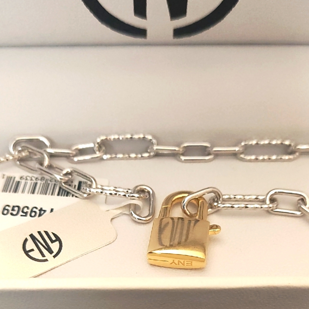 NWT EFFY NY Silver and Goldtone Chain & Lock Charm Bracelet